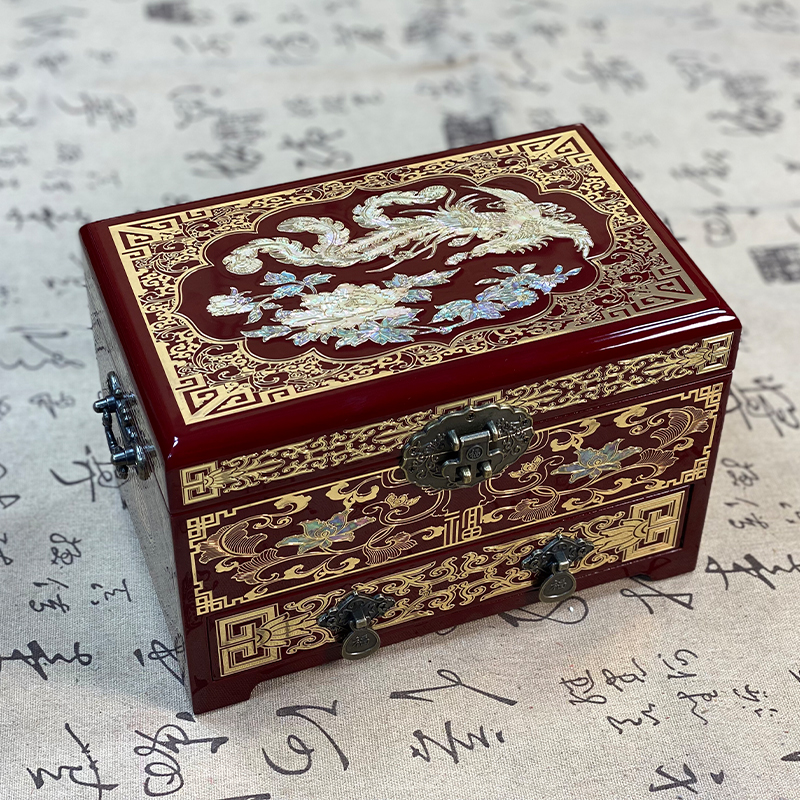 [凤戏牡丹]23#罩漆螺钿漆器首饰柜古典三金嫁妆盒结婚陪嫁盒送礼