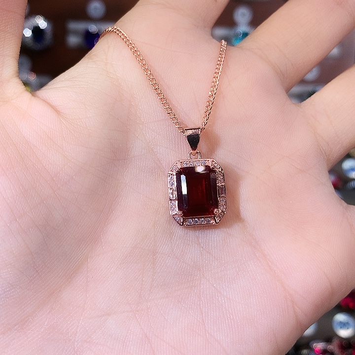 红宝石颈饰银S925镶嵌玫瑰金酒红810