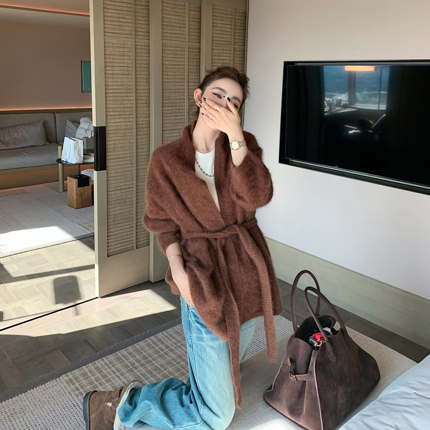 “慕斯云绒毯”高奢羊绒羊毛真丝柔雾绒感贵气老钱系带-毛针织衫