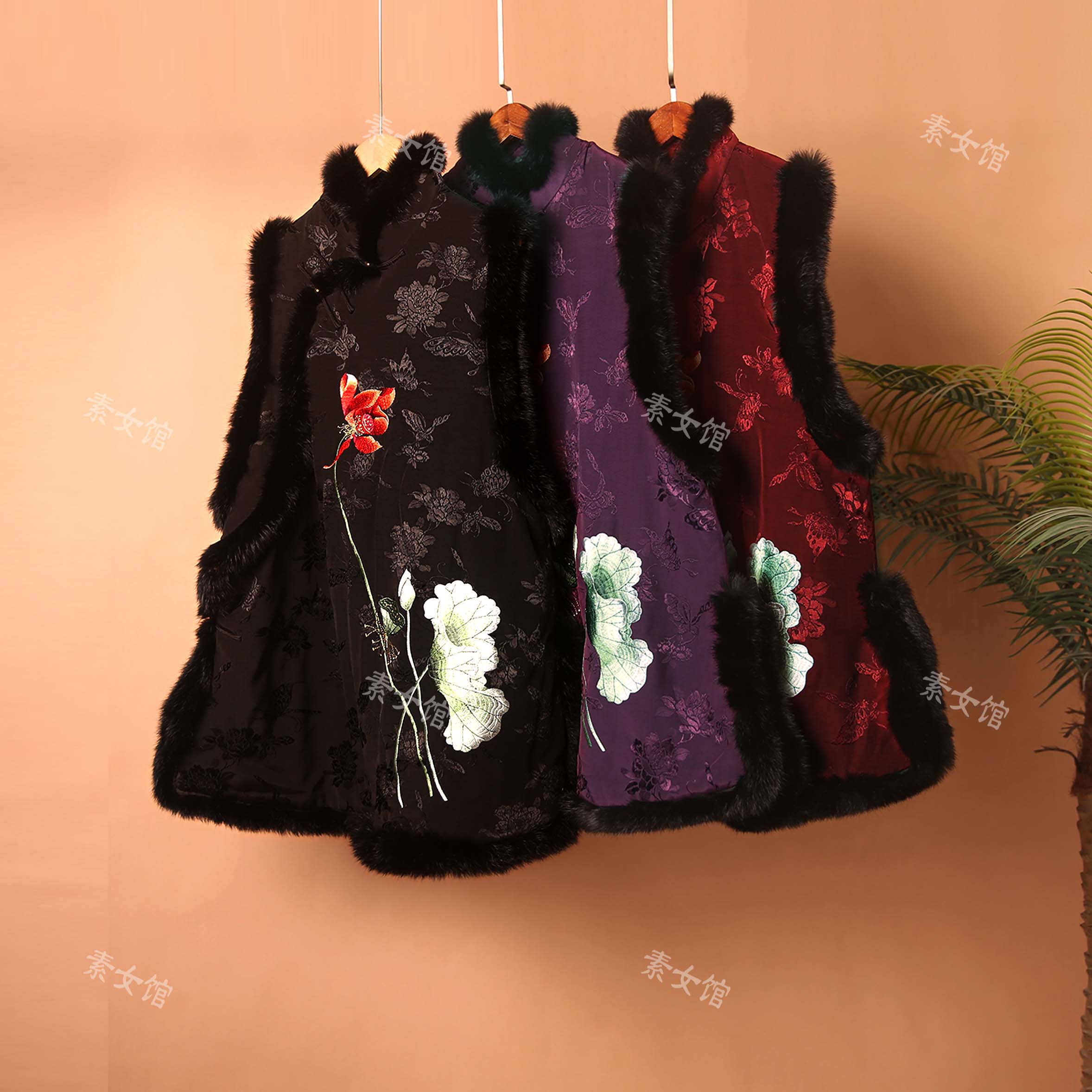 25276新中式国风斜襟新款绣花荷花棉马甲