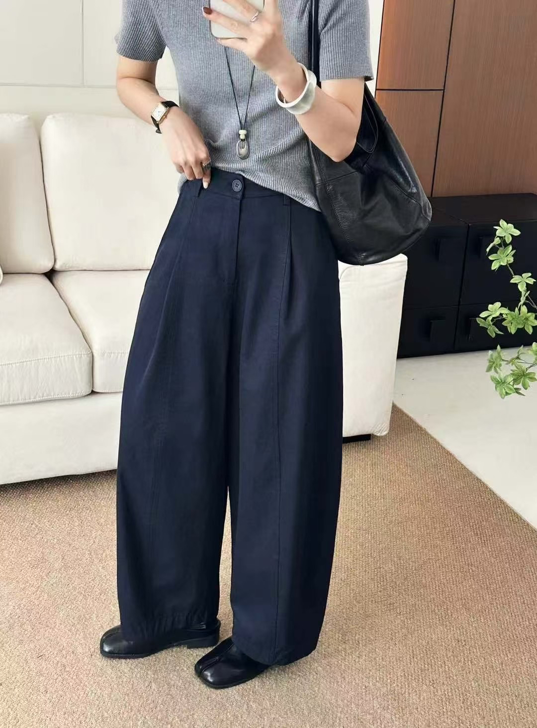 欧货小个子高腰束脚休闲弯刀裤女秋季2025新款宽松显瘦工装阔腿裤