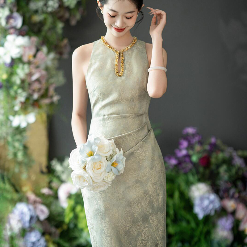 2025新款中式复古国风改良旗袍无袖绿色晨袍气质连衣裙夏季