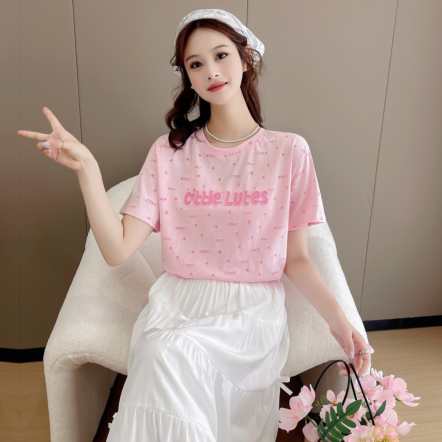 苏醒的乐园t恤女夏季新款95棉SXT53101宽松版重工刺绣星星字母