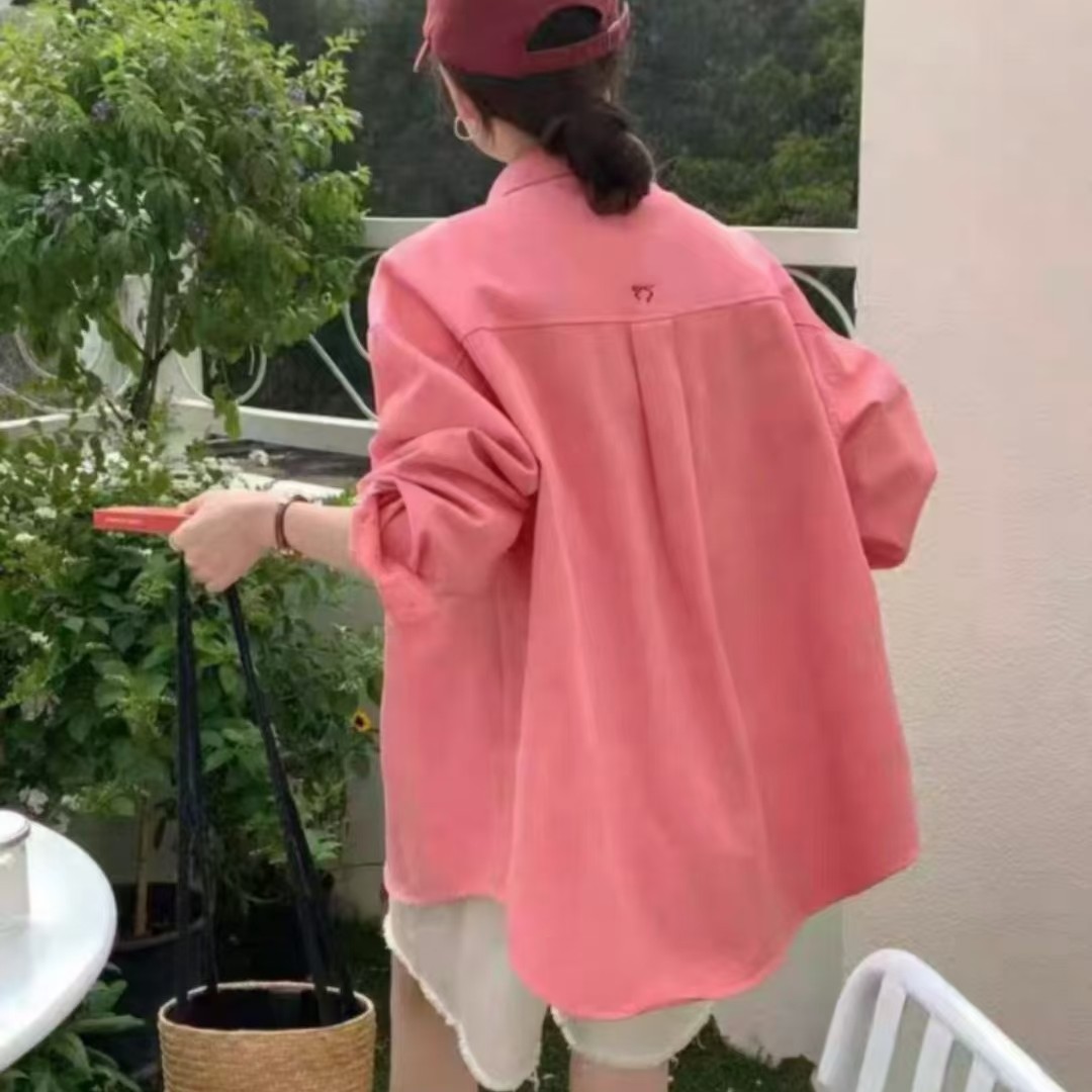 爆款韩版彩色牛仔秋季新款纯棉磨毛厚衬衫女宽松显瘦百搭休闲中长