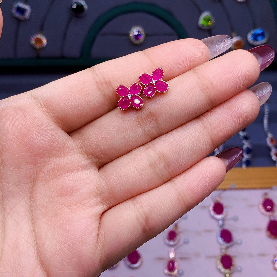 红宝石耳饰银S925镶嵌