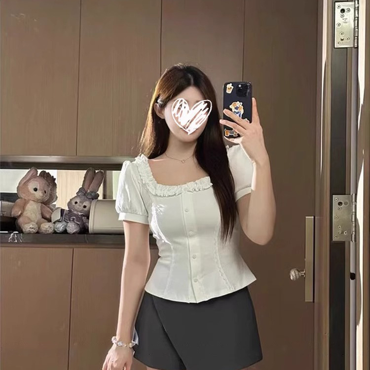 大码法式短袖衬衫女夏季新款休闲白色衬衣胖MM遮肉显瘦上衣-X8019