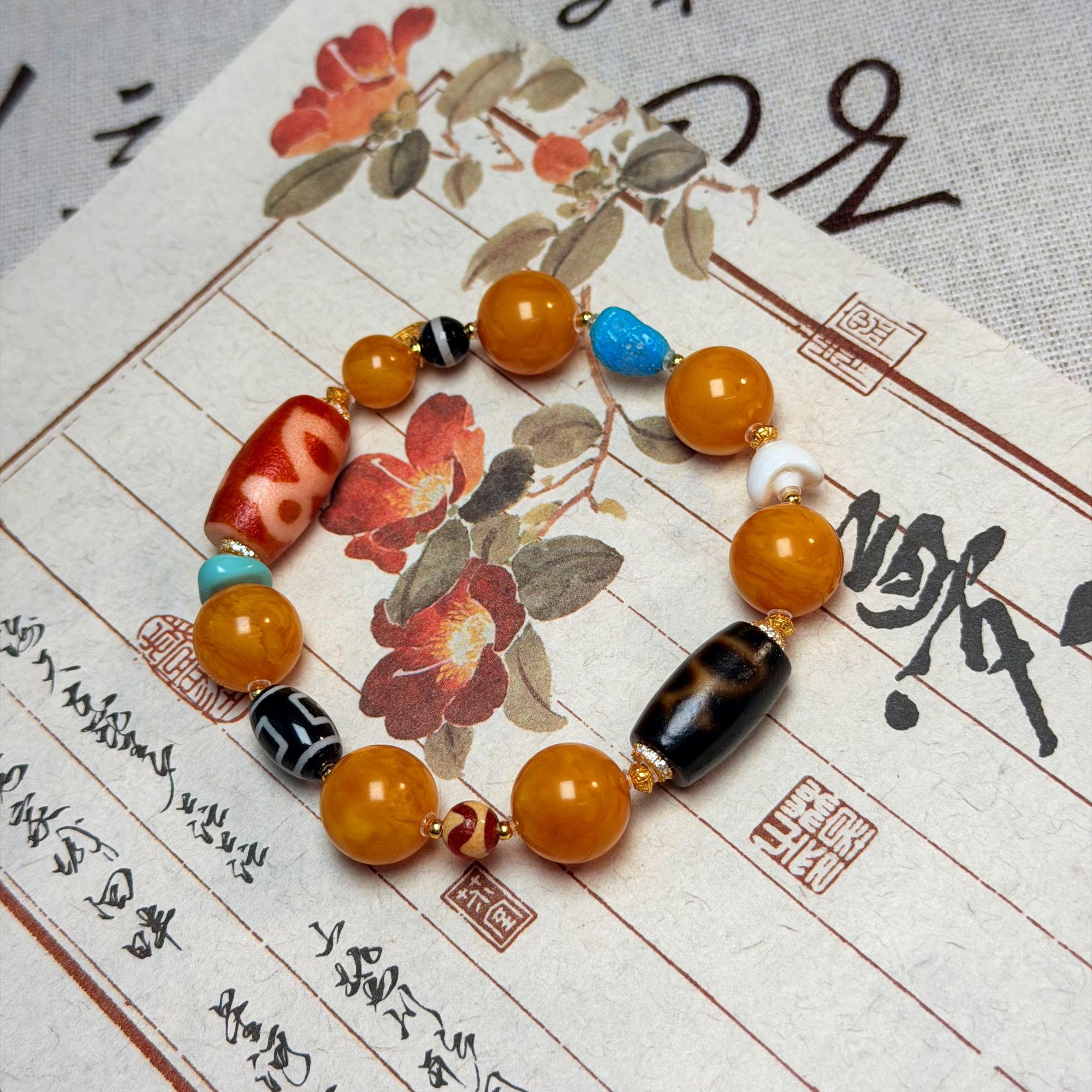 【鸿莱】ZX202112花蜡圆珠单圈手串diy玛瑙珠珠&绿松石9-12mm+