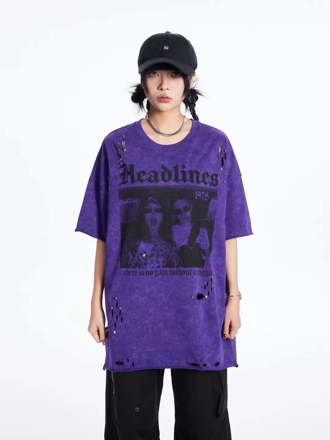 拓谷高街破洞宽松圆领短袖t恤女潮牌嘻哈印花钉珠半袖上衣X50463