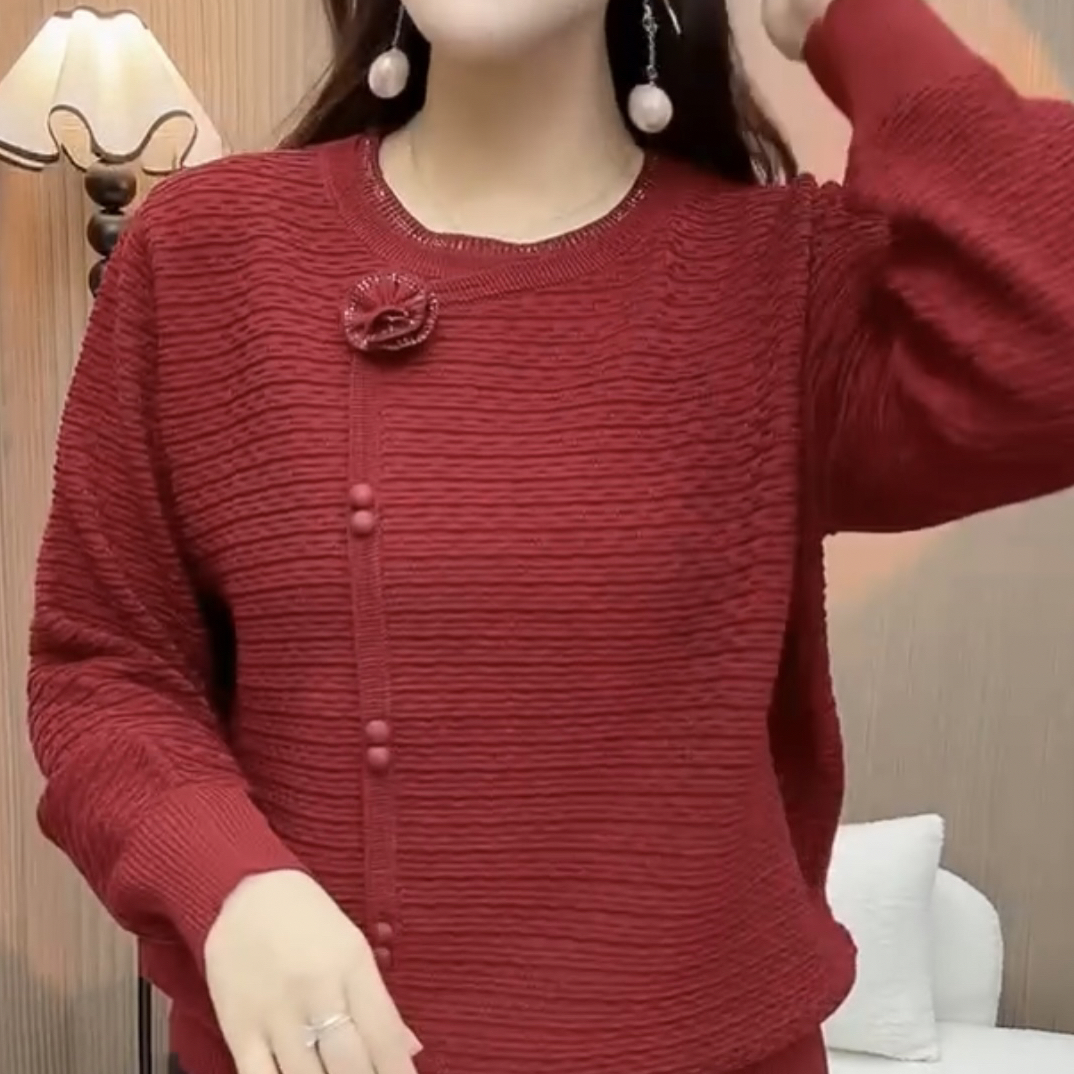 冬季新年款圆领花朵针织套头小衫舒适百搭