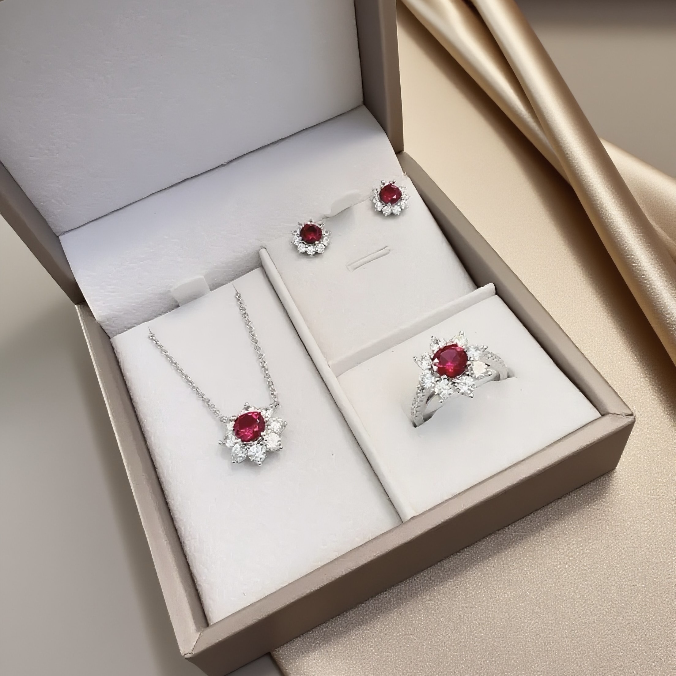 培育红宝石S925银镶培育宝石戒指项链吊坠耳钉三件套RM1026A