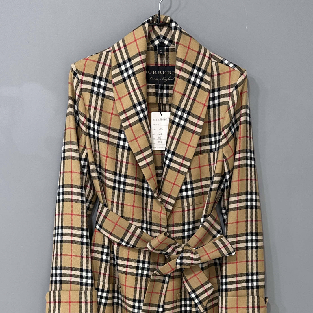 99新 BURBERRY/博柏利 格纹长款羊毛大衣/XS码/42407
