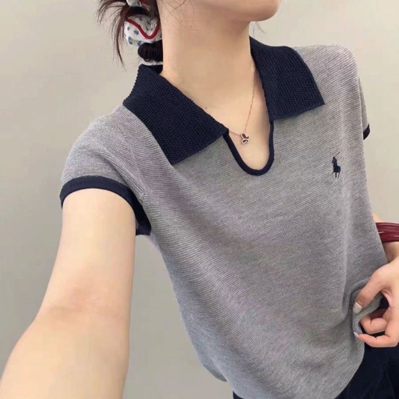 羊范设计感U型翻领撞色精纺羊毛短袖女夏季薄款桑蚕丝别致刺绣T恤