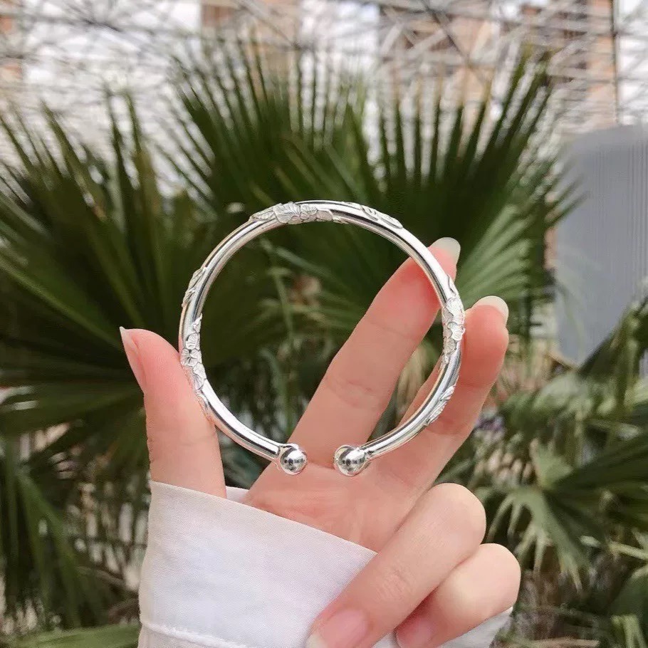 足银手镯 B35足银手镯繁花似锦开口南瓜头三段式可调节亮面实心