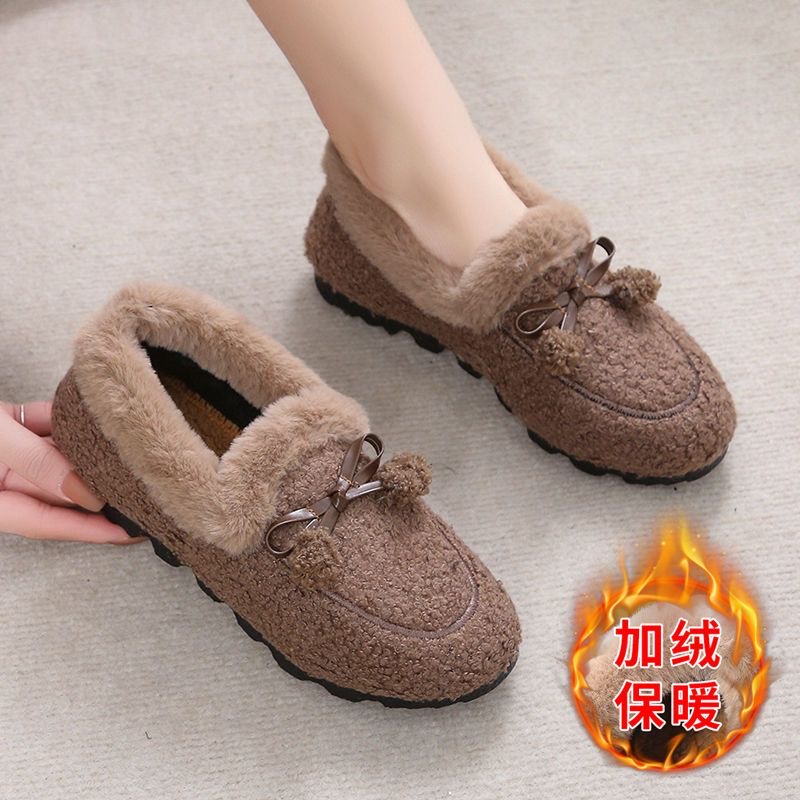 冬季加绒毛毛鞋女士老北京布鞋防滑保暖软底加厚平底豆豆棉鞋休闲