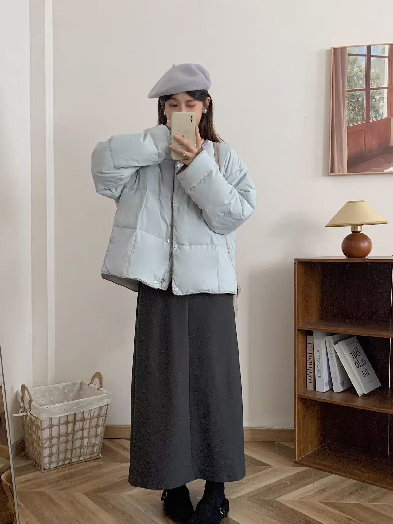 A85秋冬新款宽松韩系单排扣拼色棉服