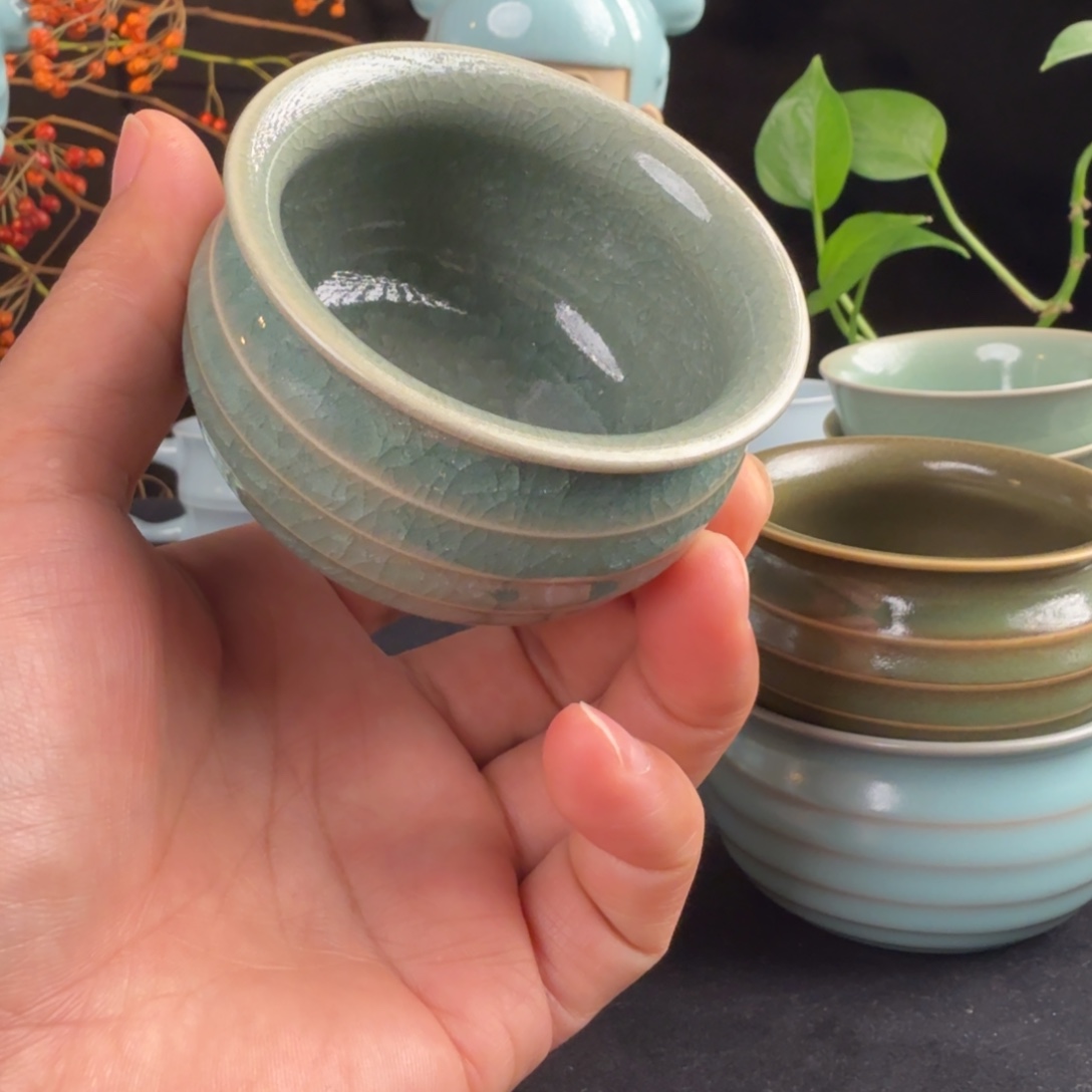 陶摆件汝瓷冰花鱼鳞开片炫纹杯