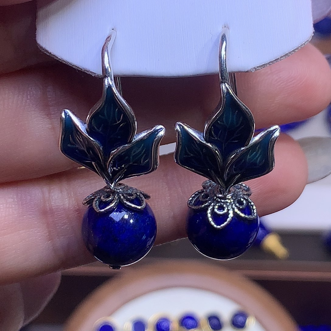 青金石银S925镶嵌耳饰12m