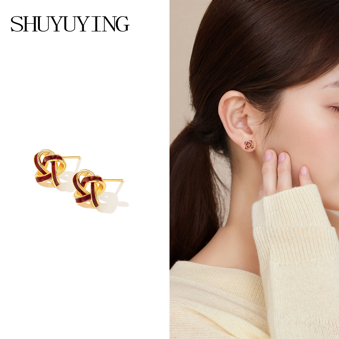 铜合金耳饰 2025编织红色耳钉简约精致设计感百搭耳环小巧气质