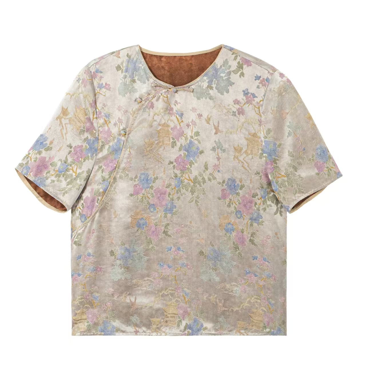 【霓棠】桑蚕丝新中式圆领斜襟小衫盘扣国风提花上衣B517088