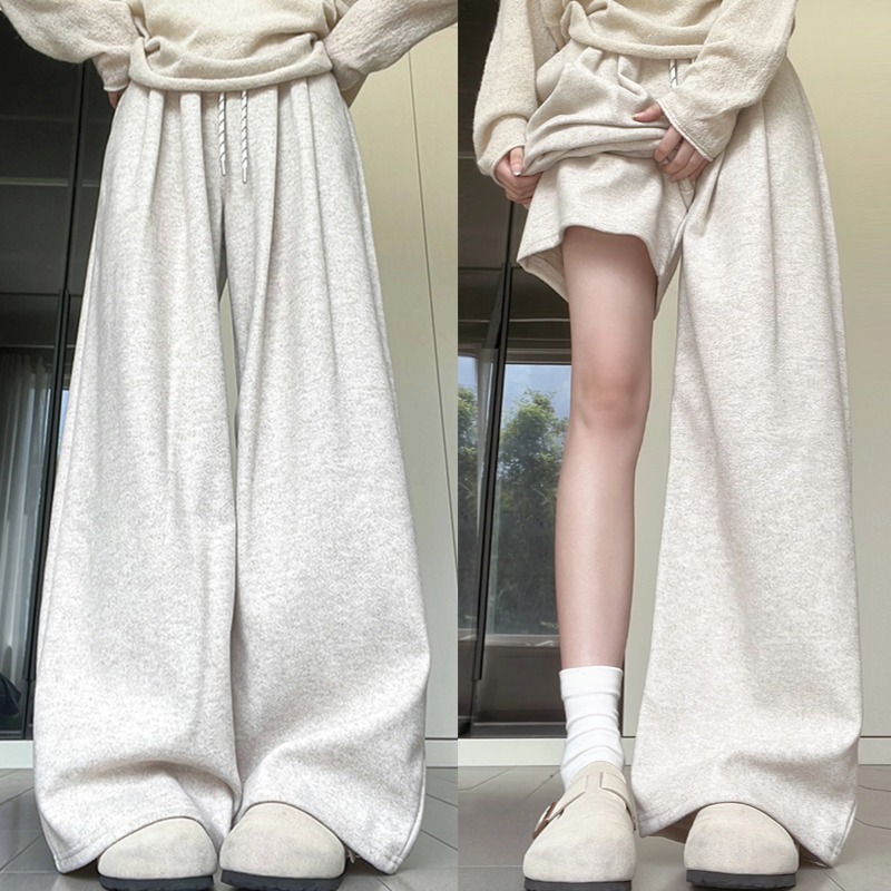 大码杏色加厚毛呢阔腿裤女秋冬高腰显瘦宽松垂感慵懒风加绒运动裤