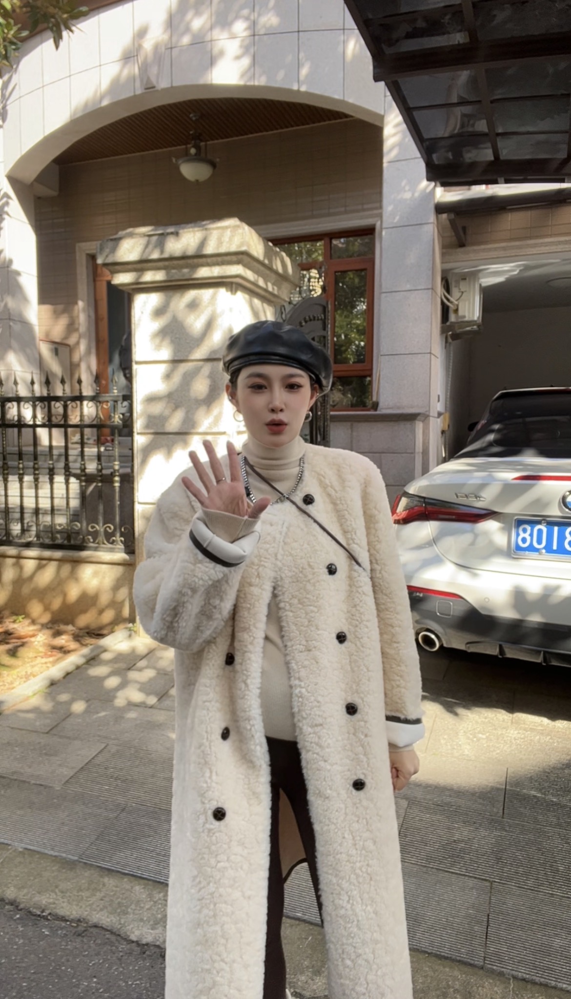 【晨玲推荐】27178韩系保暖大衣长款纯色皮毛一体双排扣羊羔毛棉服