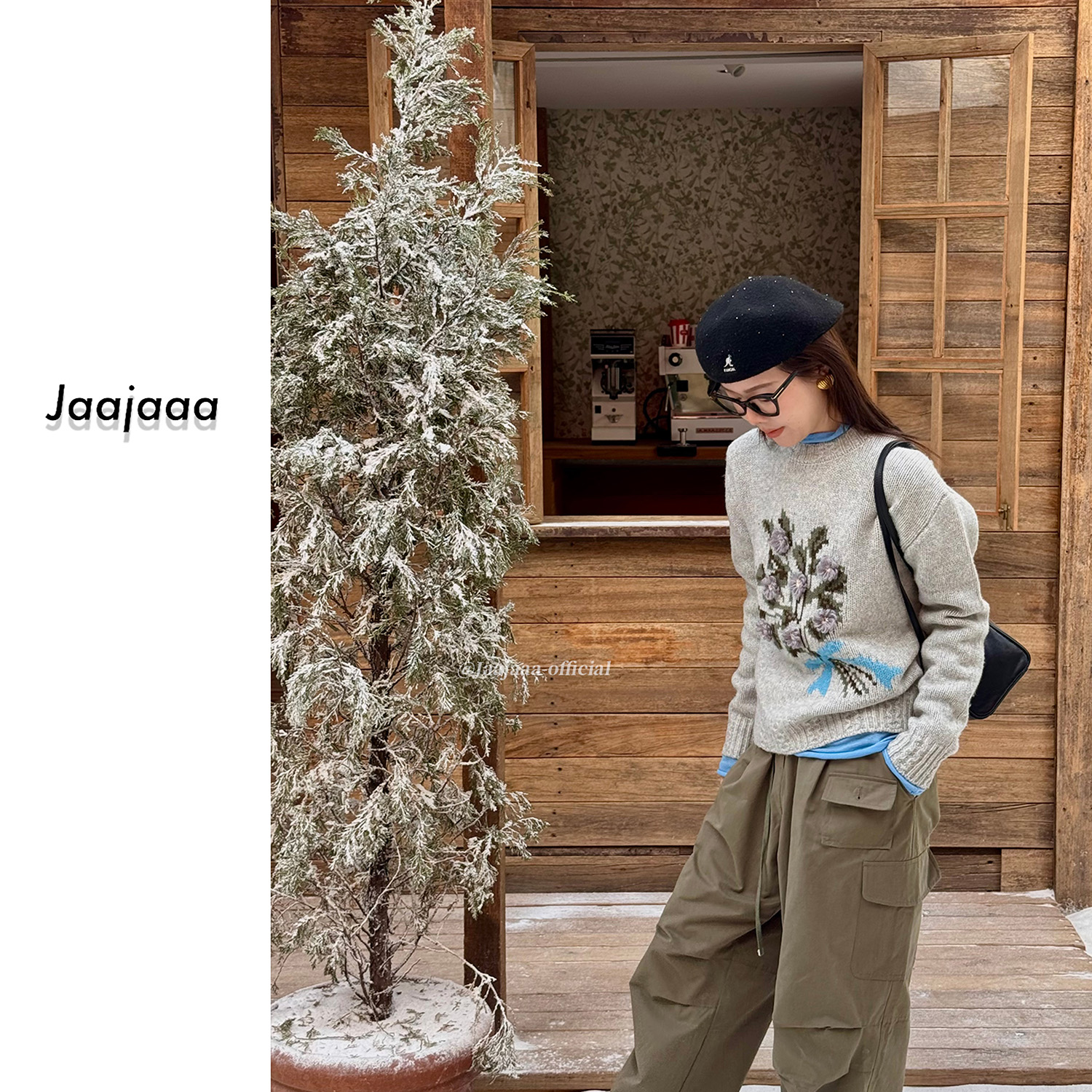 Jaajaaa季语茶花  小众百搭设计刺绣花朵百搭套头羊毛针织衫/AEA