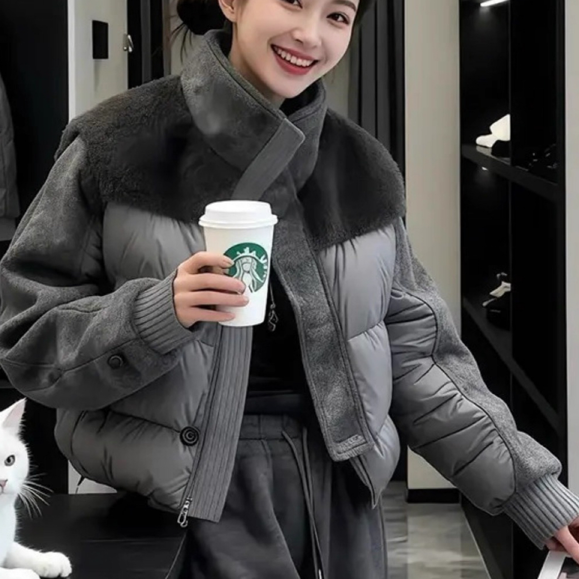 立领拼接棉服2025冬季大码女装胖mm宽松今年加厚保暖气质外套
