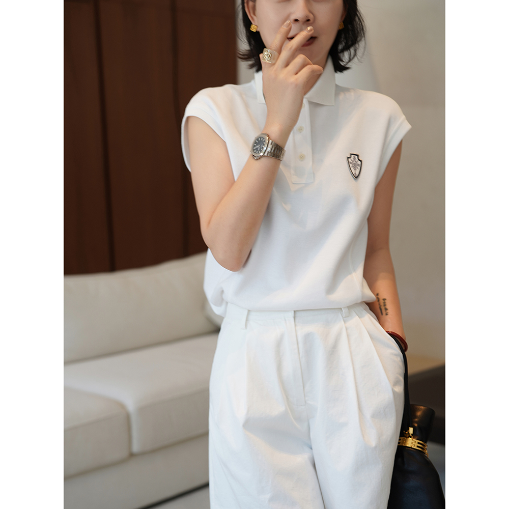 SHIIEELL白色Polo衫洋气衣服休闲老钱风棉质徽标半拉链无袖W5843