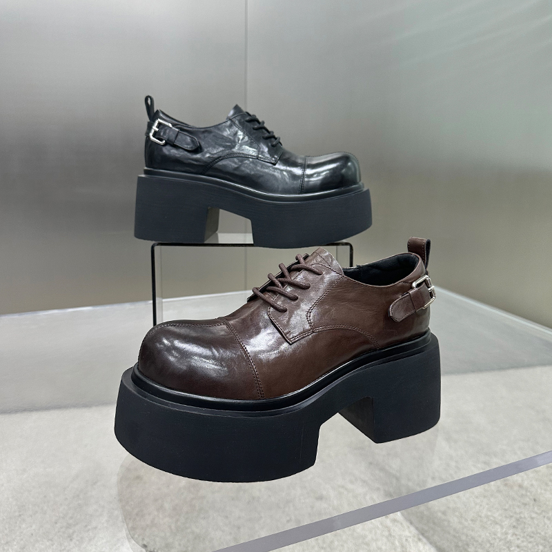 左右华菲8cm英伦学院风复古擦色厚底乐福鞋2025春季新款牛皮女鞋