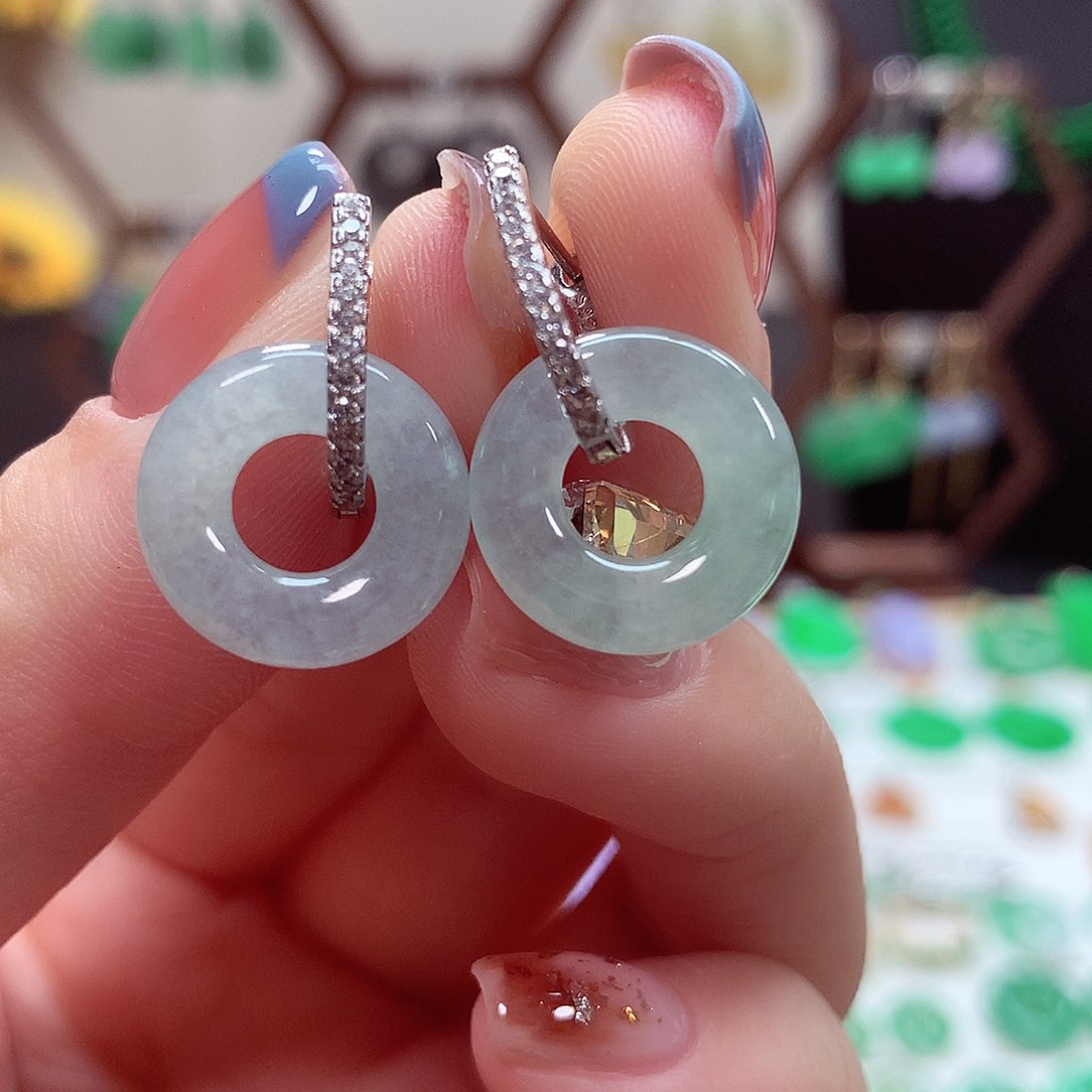 翡翠耳饰银S925镶嵌七*天然翡翠