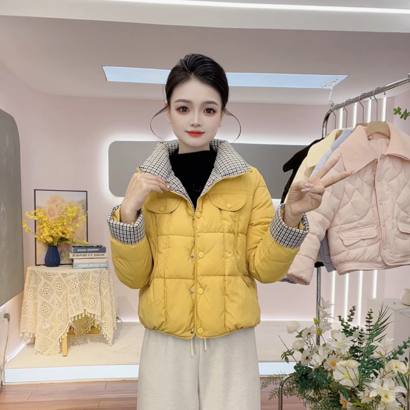 2025冬季新款格子拼接撞色立领加厚保暖绗棉外套显瘦短款百搭