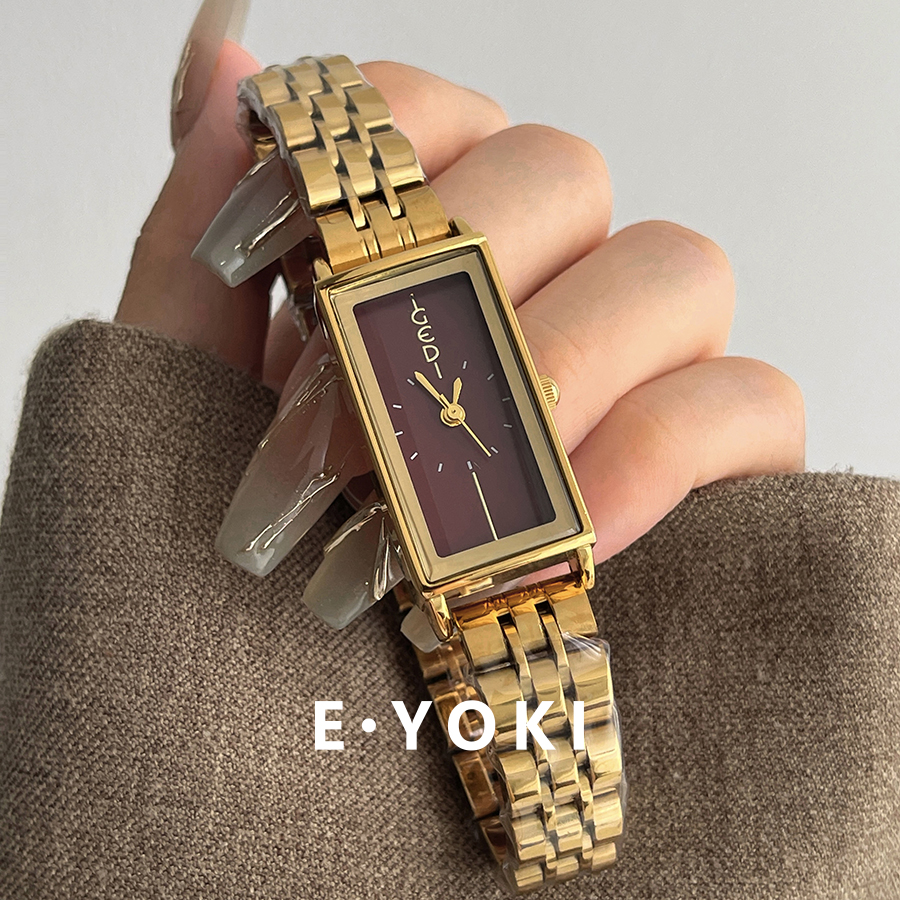 一柚七 金色安可拉红杨树林钢带女士小众轻奢女款复古风手表女315