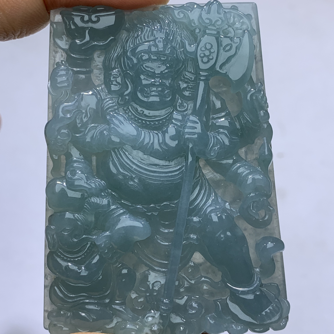 天然翡翠A货蓝冰精雕神龙护主大黑天守护吊坠