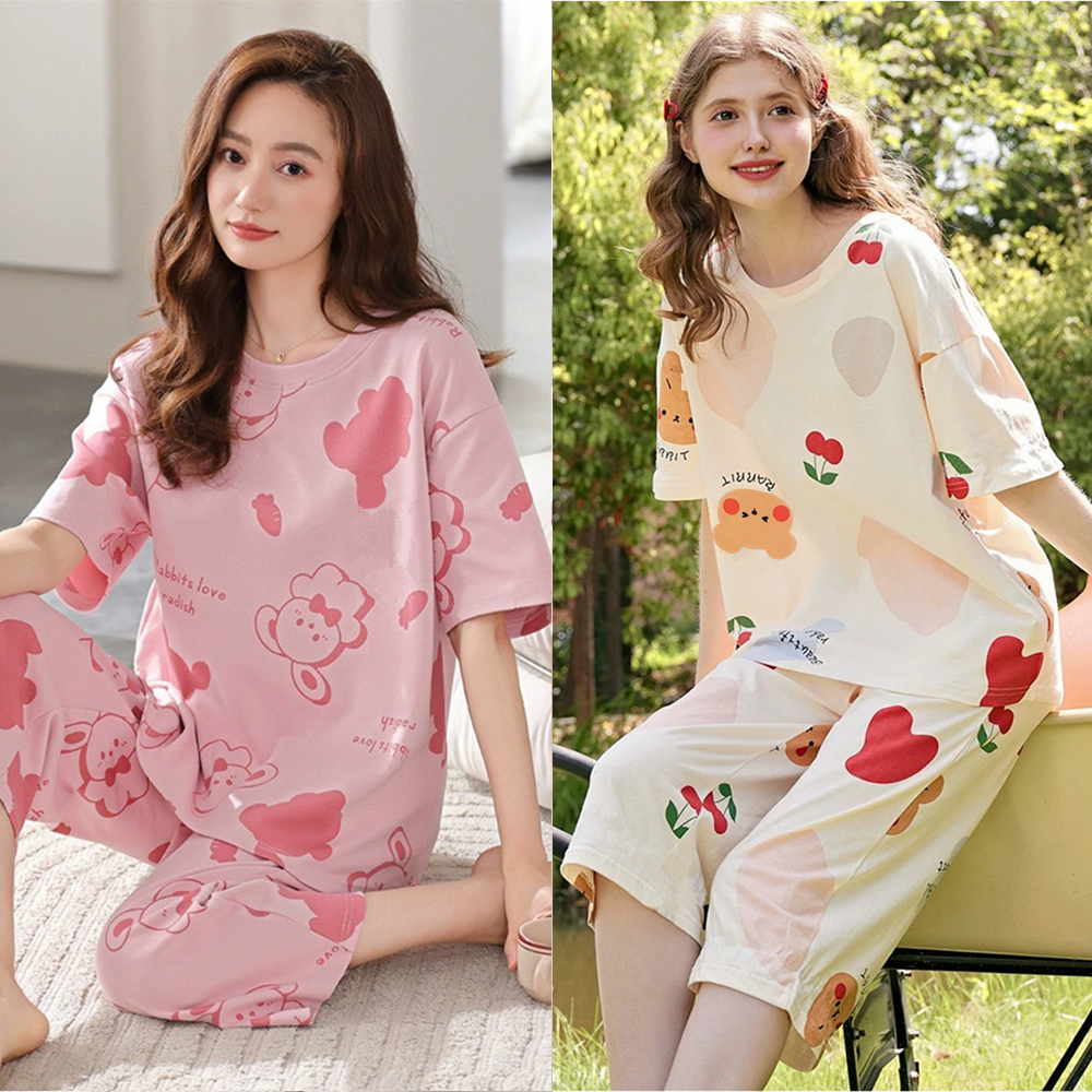 睡衣女短袖宽松大码可外穿薄款休闲可爱新款七分裤夏季家居服套装
