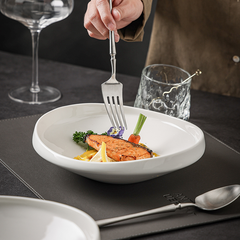 8寸俏雅律边浅碗 家用极简白瓷盘子高级感乔迁复古餐具洗碗机可用