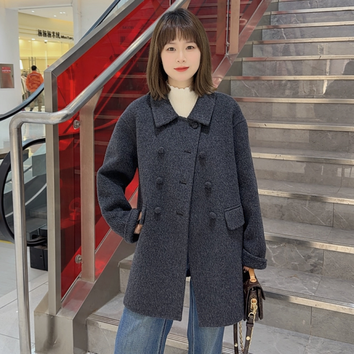 【都市丽人】双面呢时尚韩系手工羊毛大衣大方中长款外套百搭