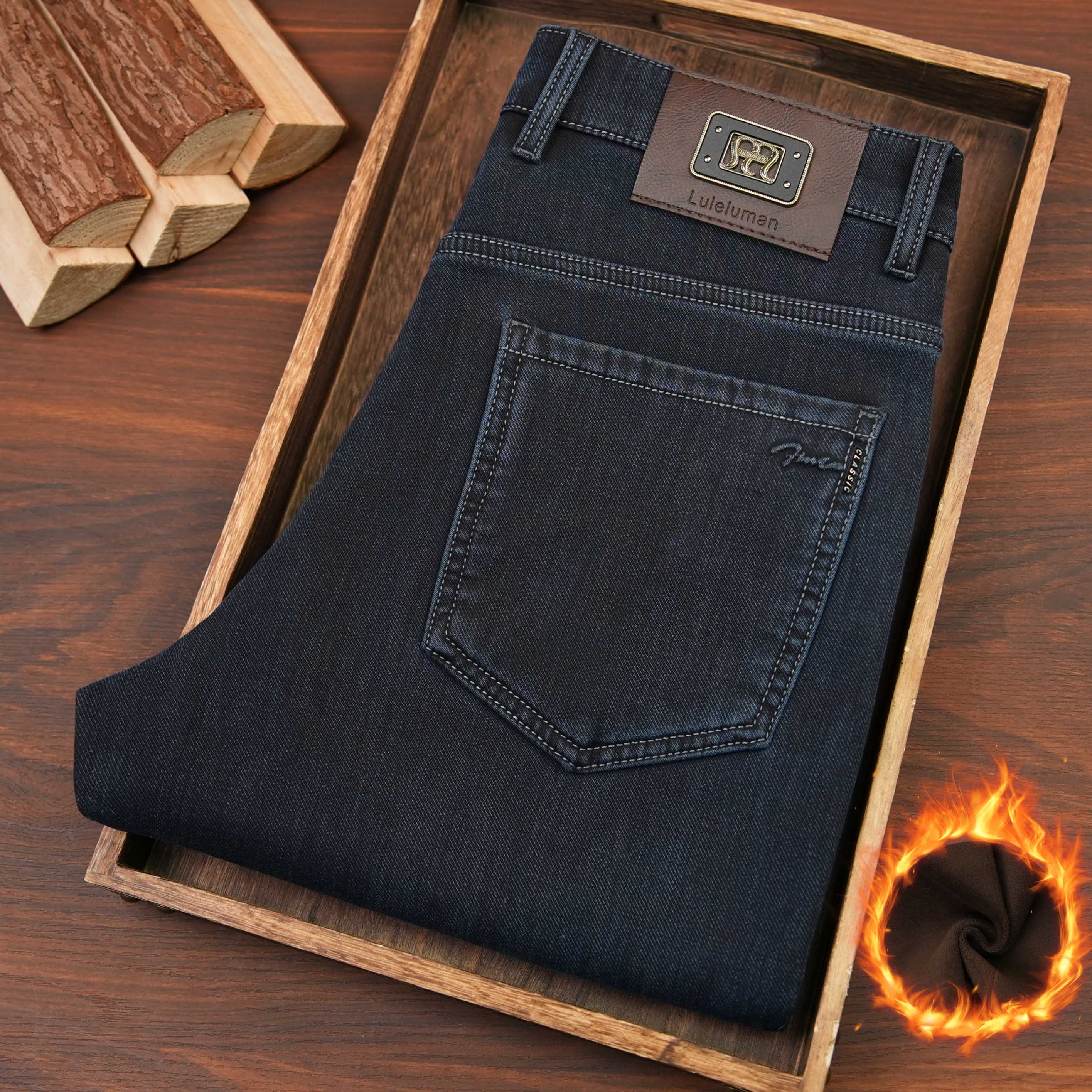 加绒加厚弹力冬季保暖中年商务休闲宽松直筒牛仔裤