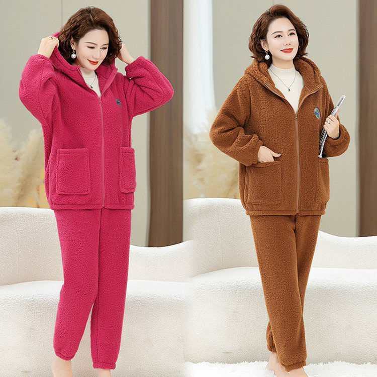 冬季加厚珊瑚绒连帽加绒女款睡衣套装保暖家居服