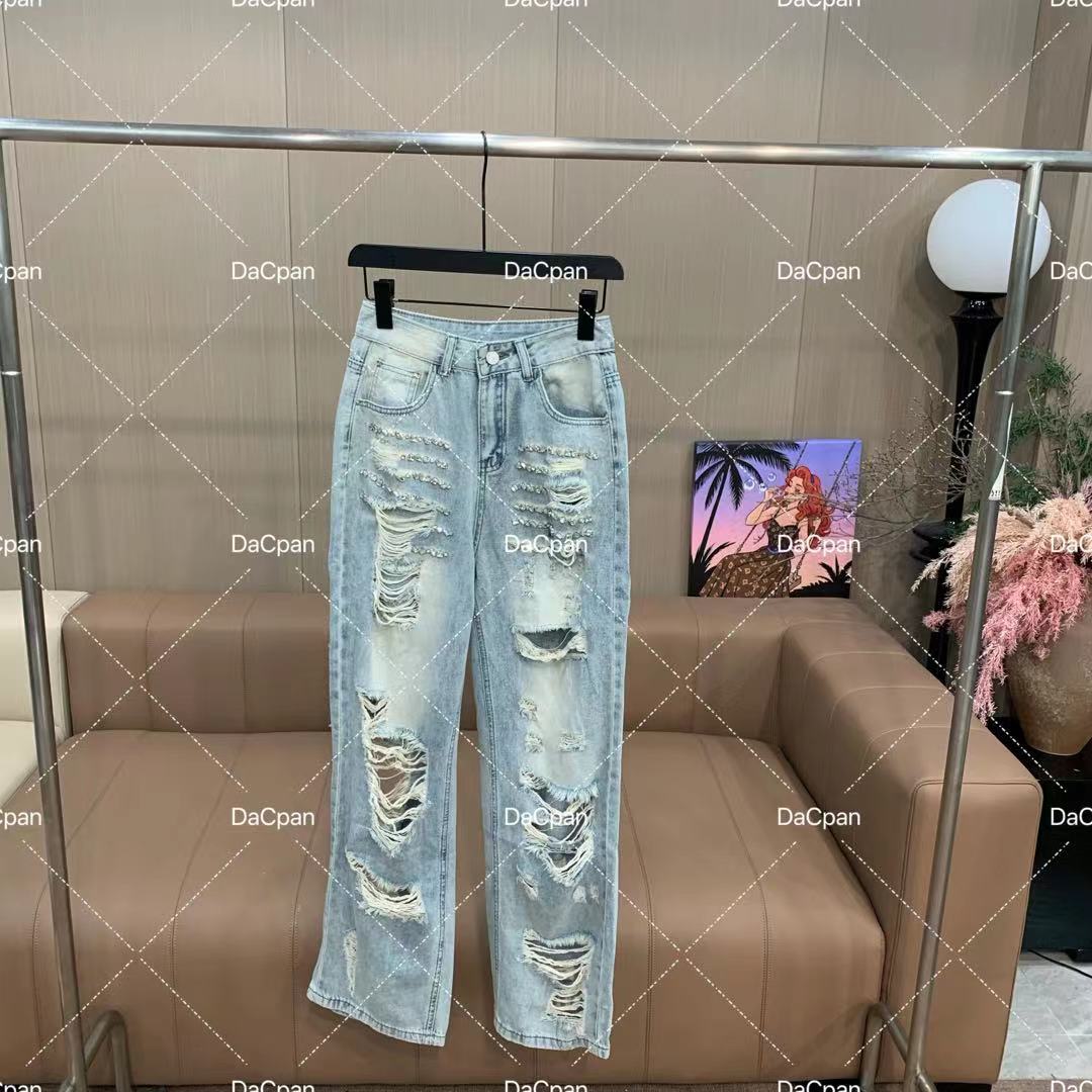 DACPAN-“拉斯维加斯”破洞镶钻直筒牛仔裤 2025/盼·PP 03770