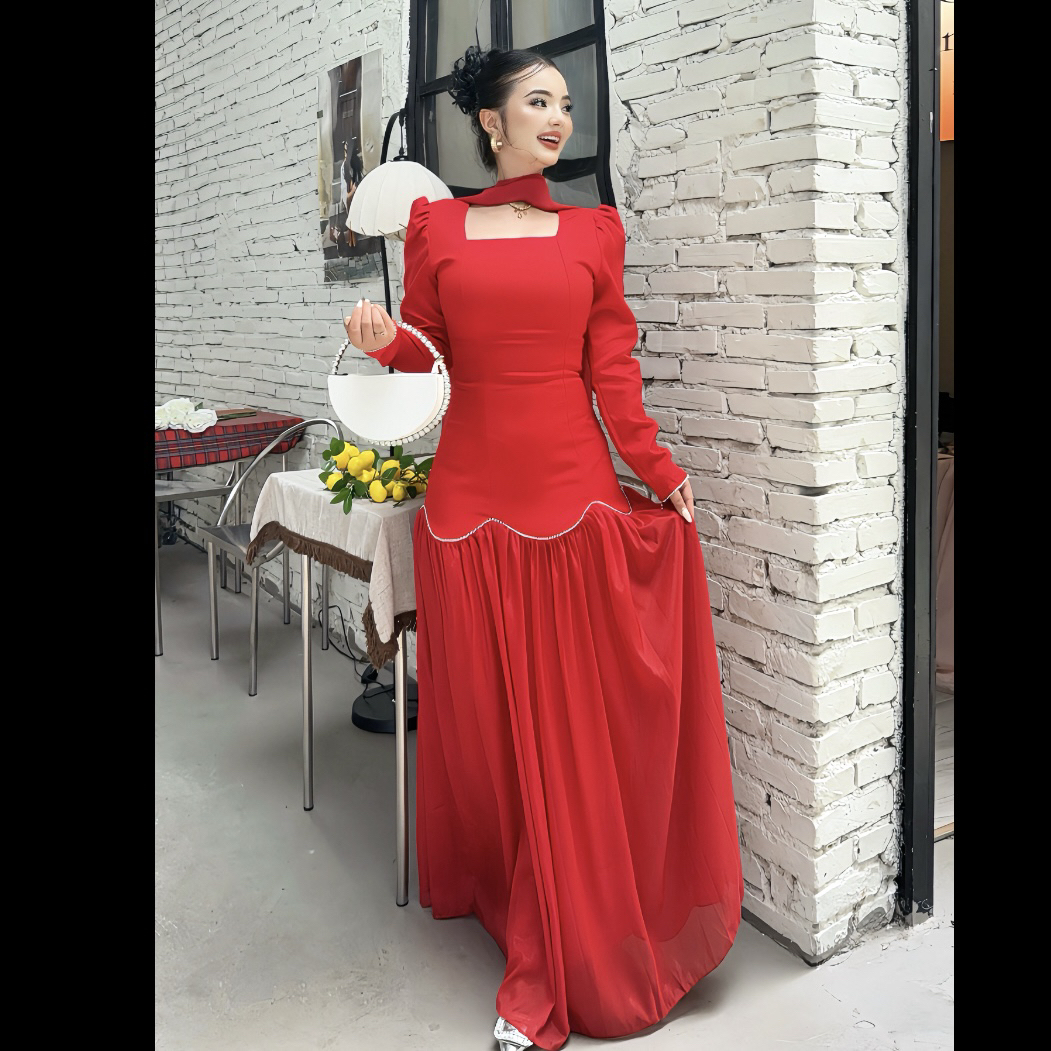 Rayhon时尚设计手工镶钻织带长袖修身淑女连衣裙
