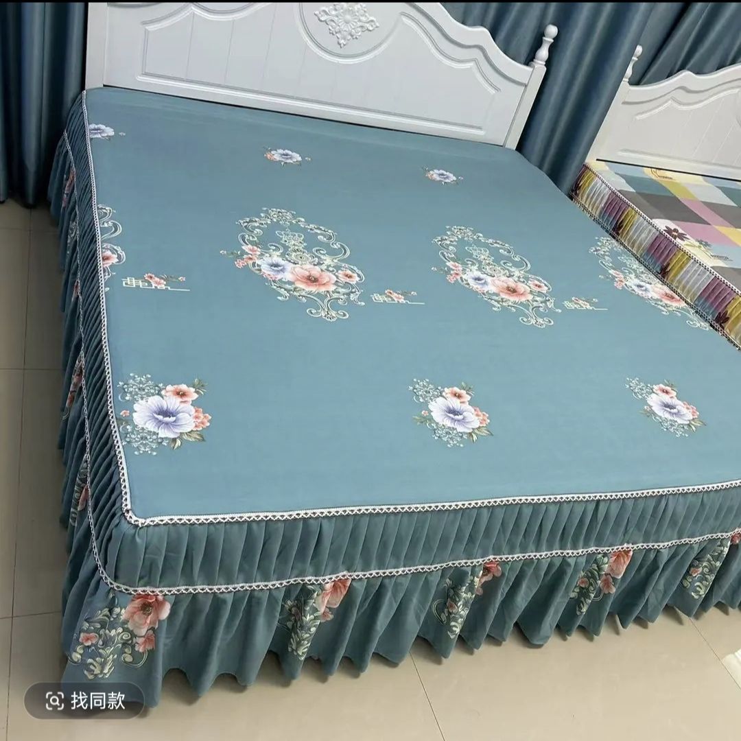 绿色牡丹三件套植物花卉高档优等品印花亲肤轻奢床罩床盖花边床裙