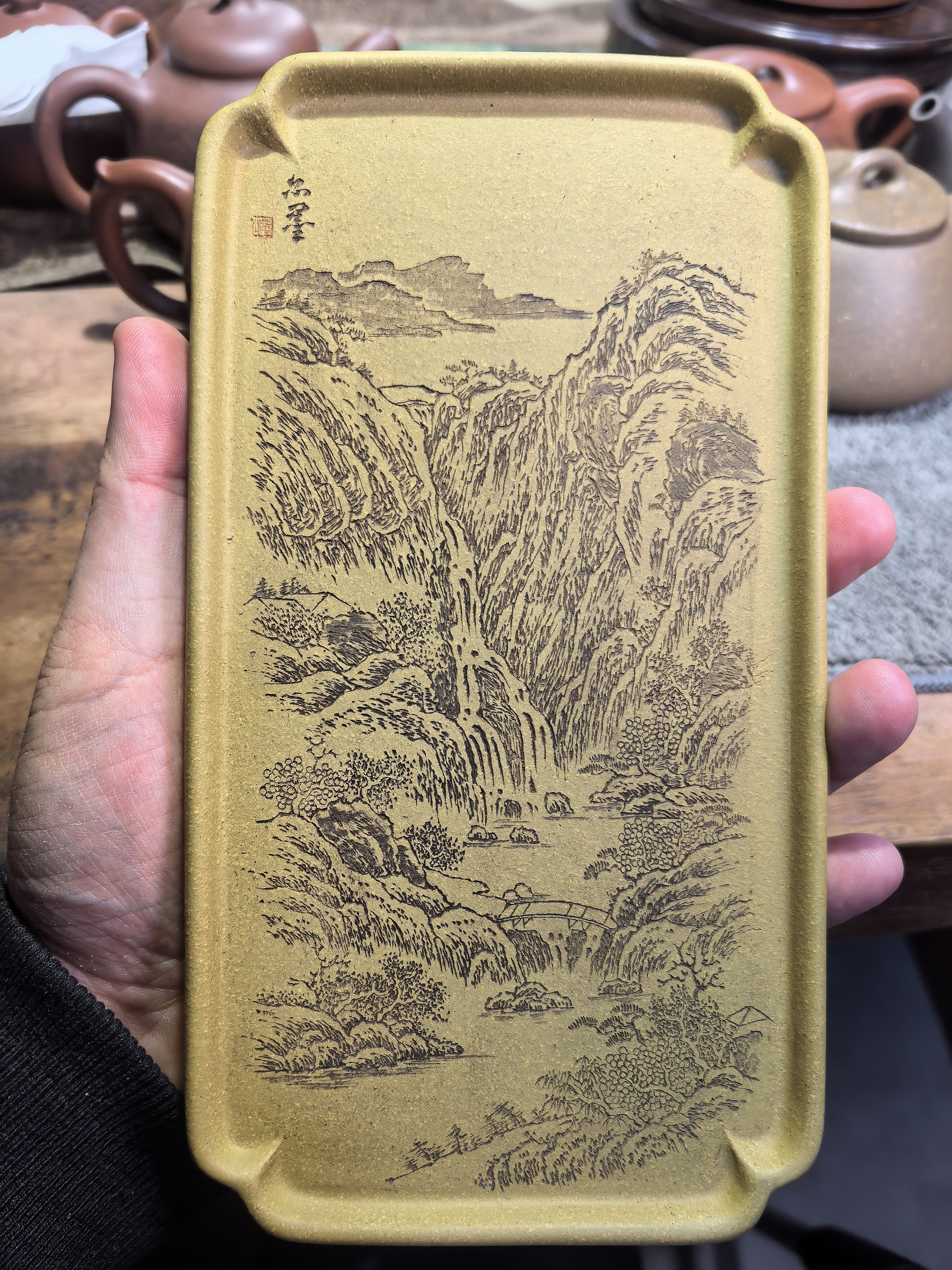 长方如意边壶承 紫砂泥黄段 山水壶承