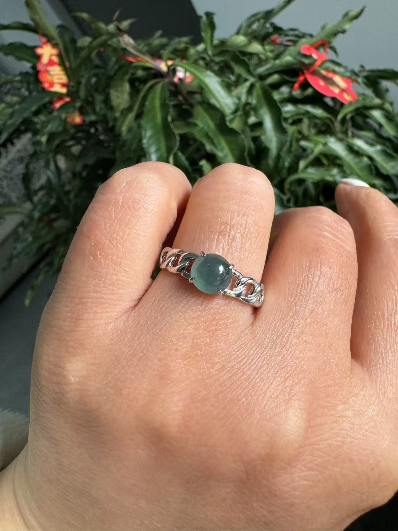 天然A货翡翠戒指s925银镶嵌