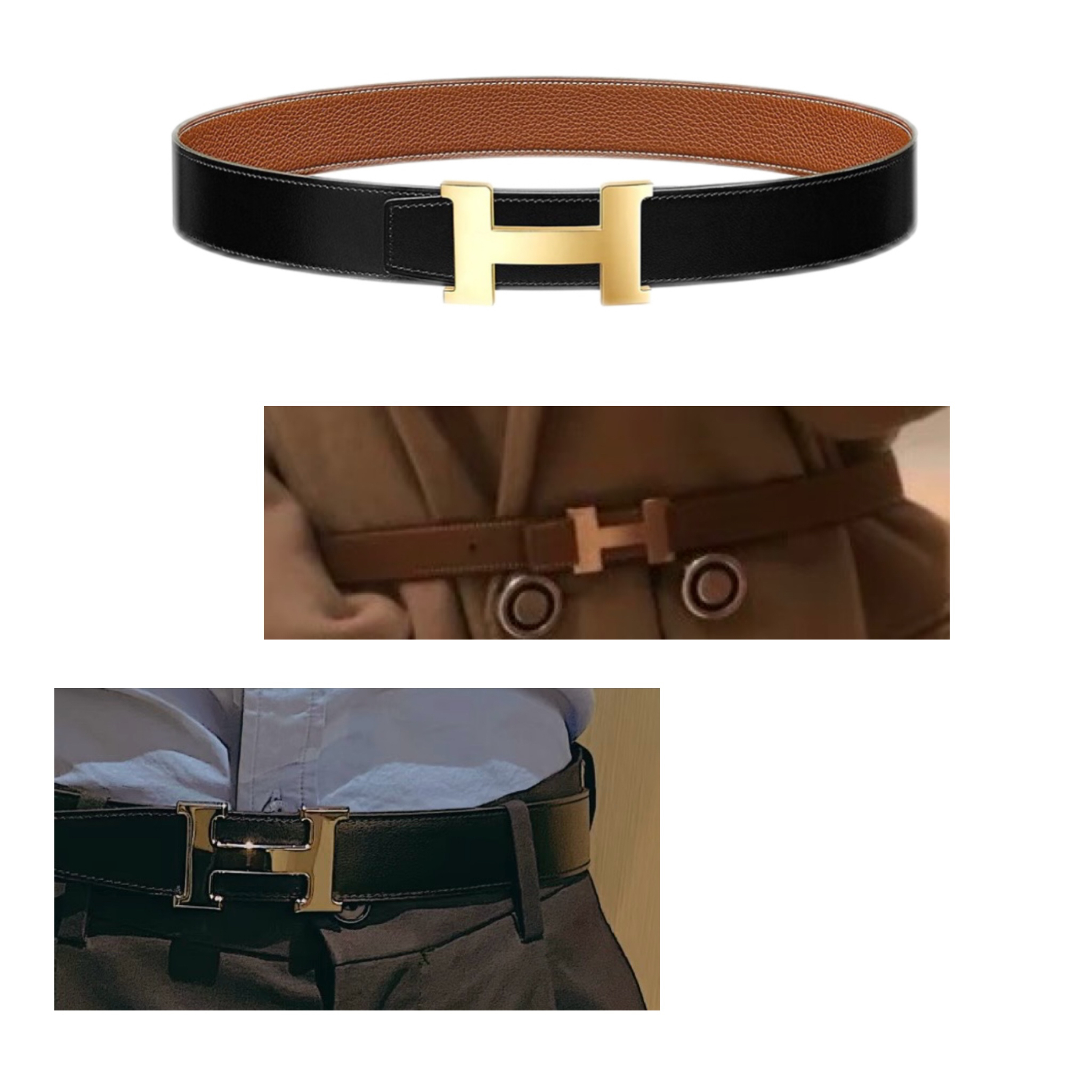 99新 Hermes/爱马仕 Togo小牛皮双面 皮带 黑色/金色
