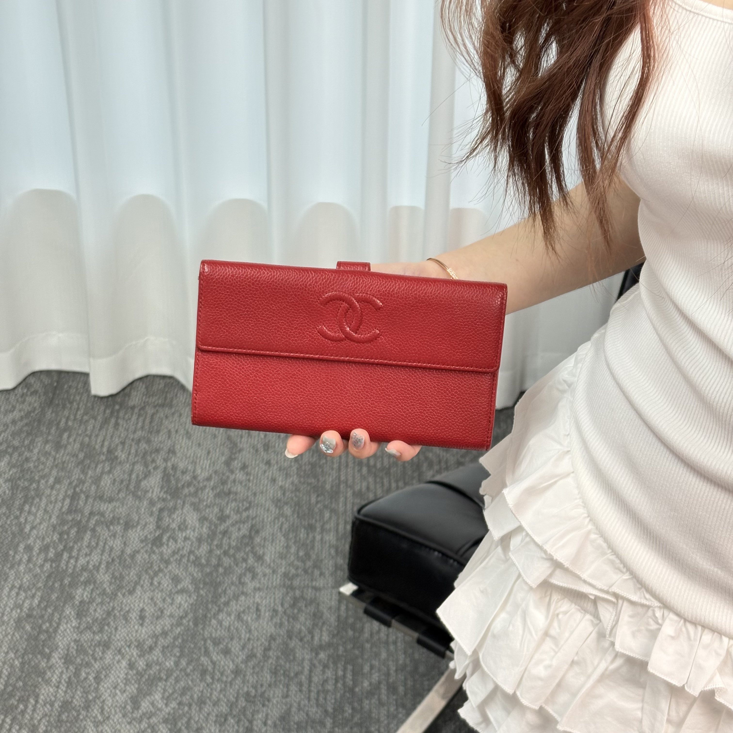 95新 Chanel/香奈儿 酒红色荔枝纹钱包 sw