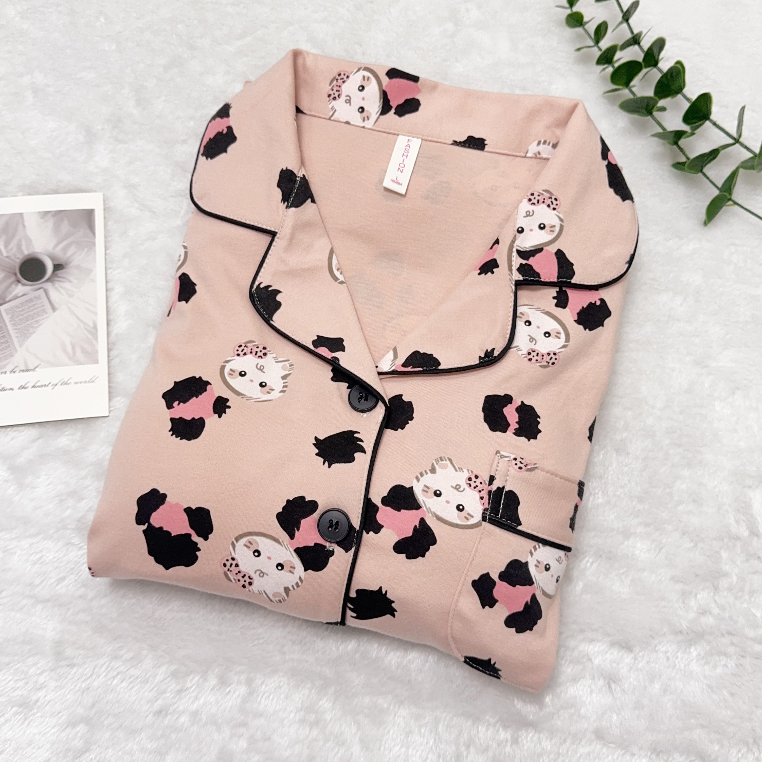 065#秋冬新款双面加厚100%纯棉睡衣女粉豹纹高货套装长袖带胸垫