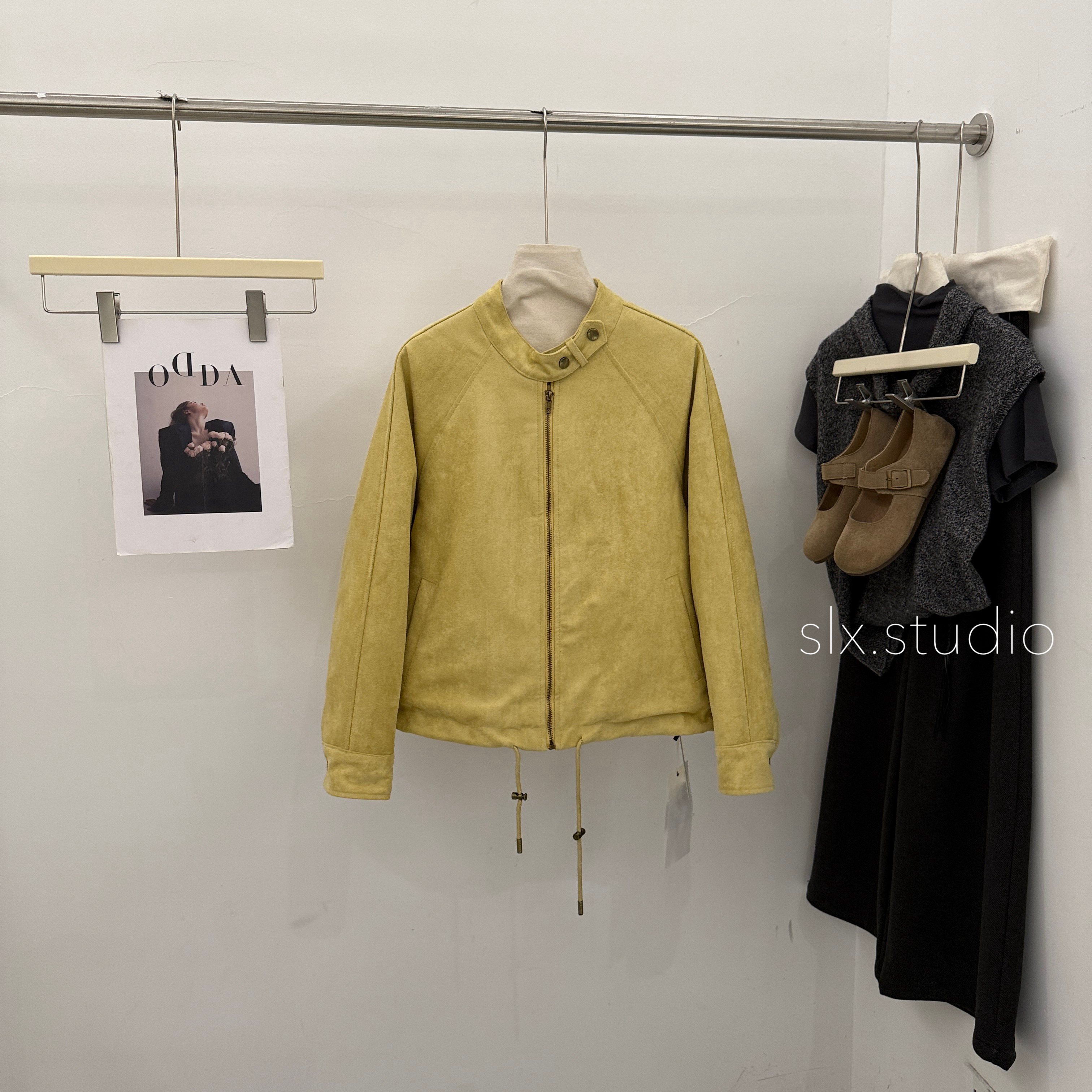 slx@ 8566-2 抽绳小立领皮衣外套