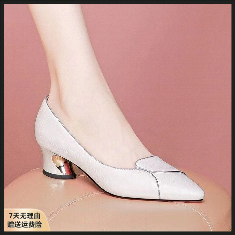 2025年新款浅口粗跟单鞋女尖头中跟四季鞋女式春夏季拼色2025