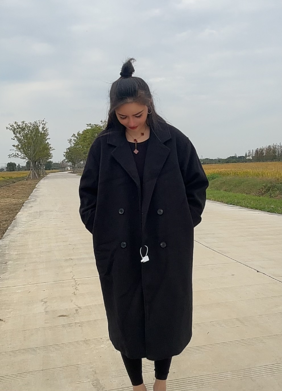 呢子女宽松型百搭长款毛呢外套透气毛呢中长款秋冬季