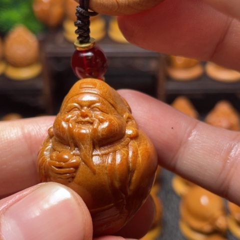 橄榄核把件光背财神单子竹环穿配3.1左右